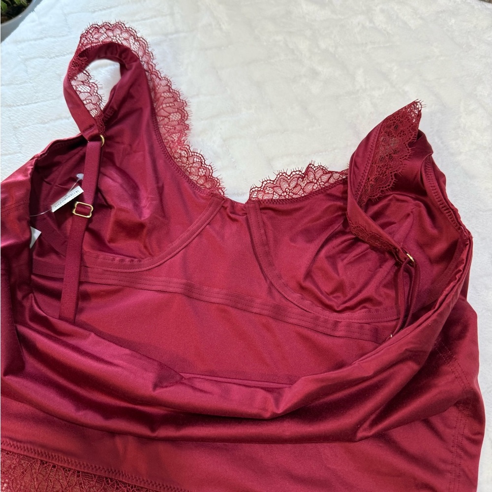 Nwt $60 Aerie Show Off Shine Lace Corset Bra Top Cami & Thong Red Cherry Tart L - Picture 9 of 14
